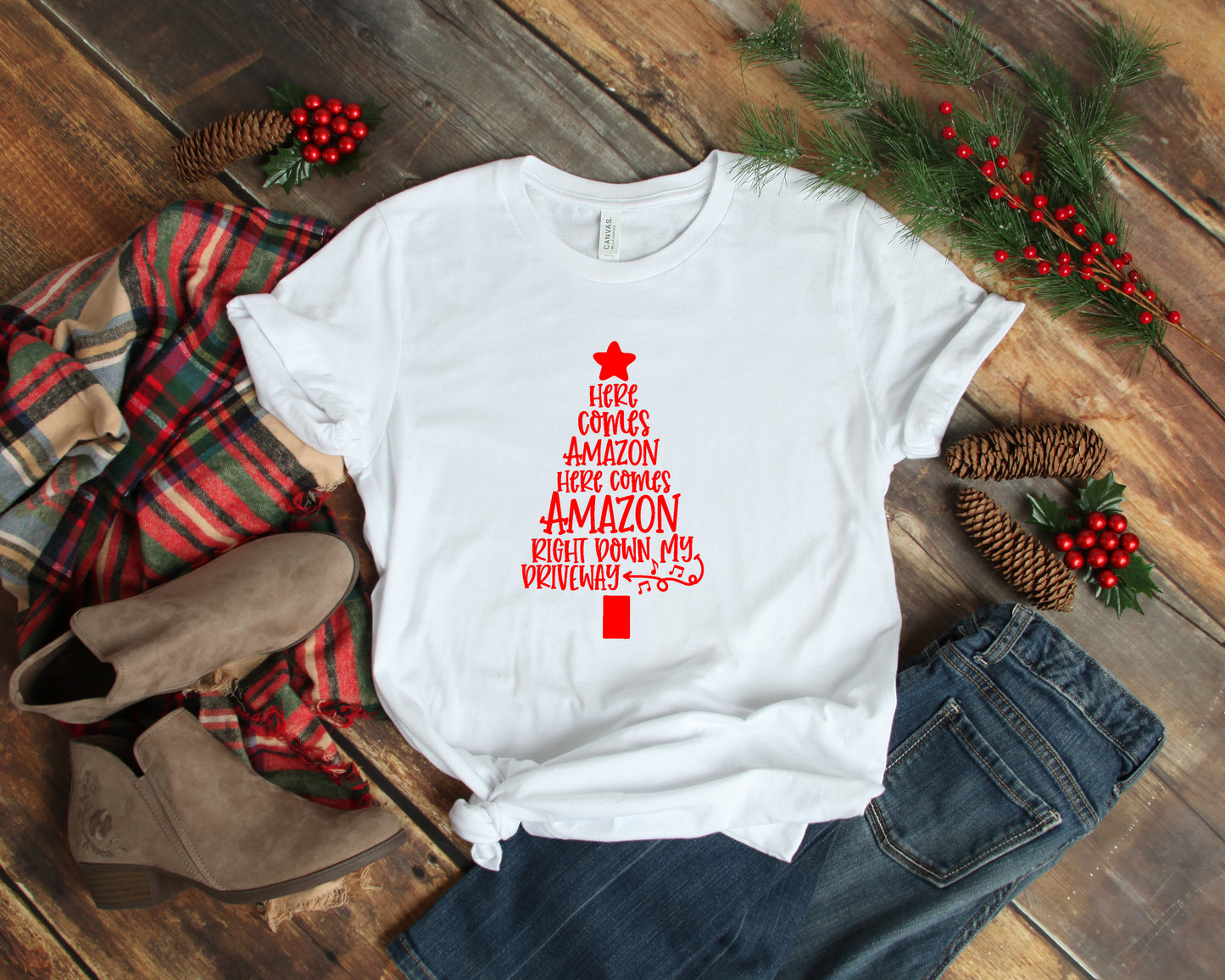 Here Comes Amazon Christmas Collection Bella+Canvas Premium Graphic Tee