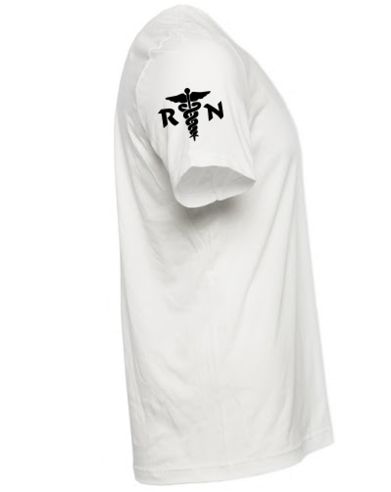 side shot of white shirt RN symbol on right sleeve