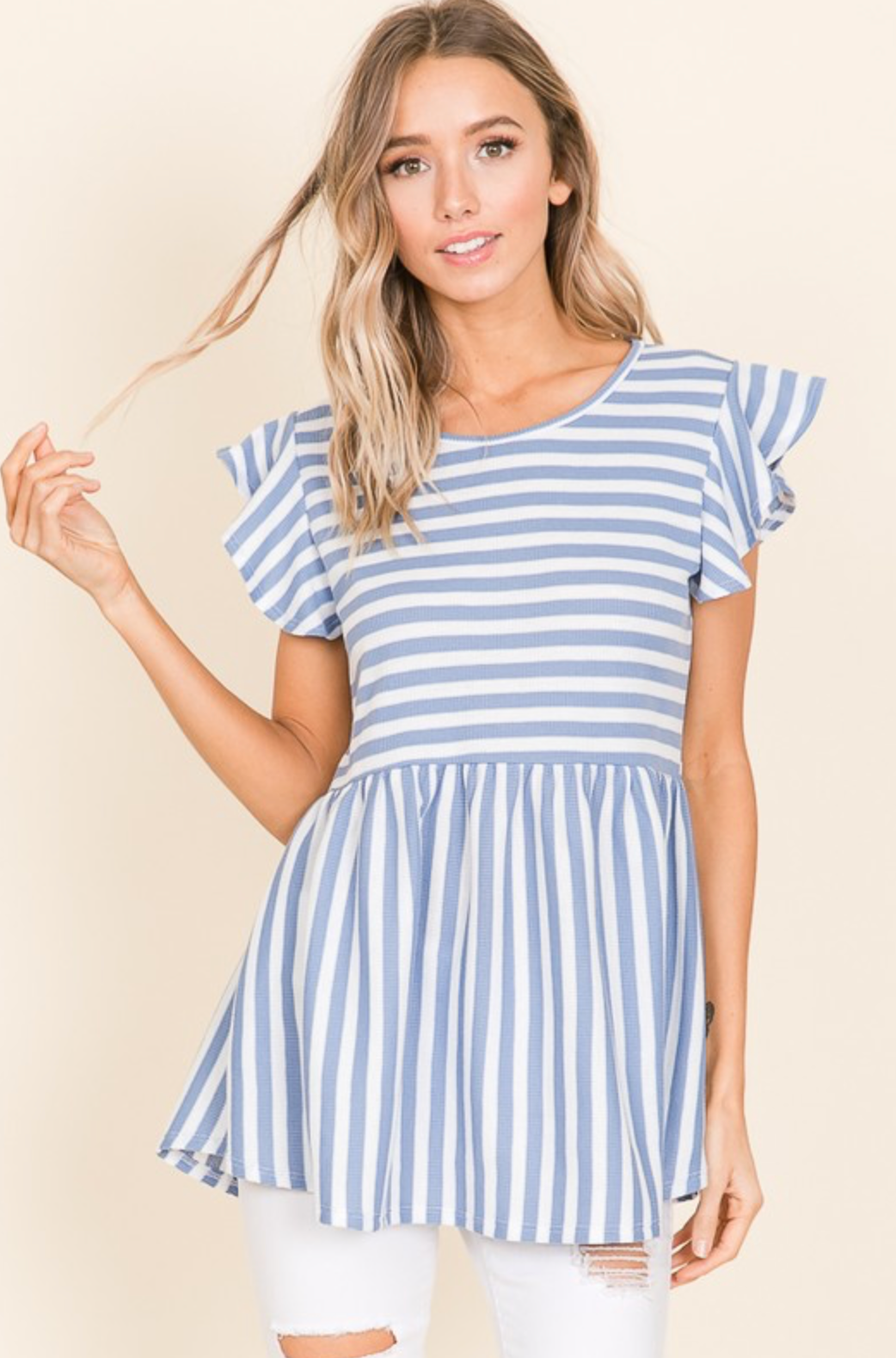 Blue and white striped shop peplum top
