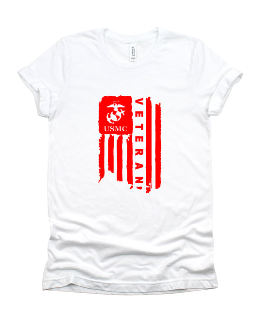 Red USMC Marine Veteran on a white Bella canvas tee