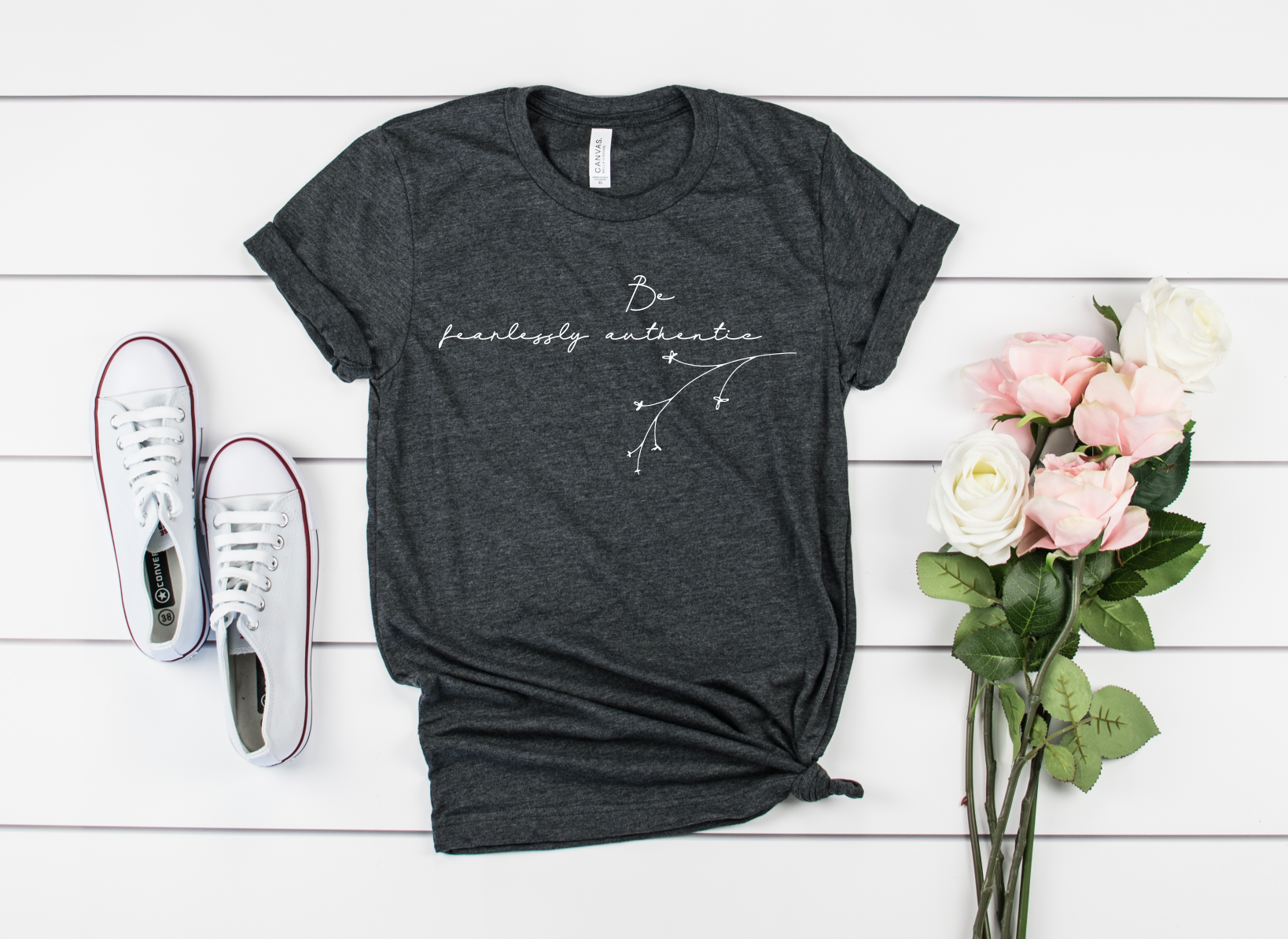 be fearlessly authentic graphic tee flowers shoes flay lay
