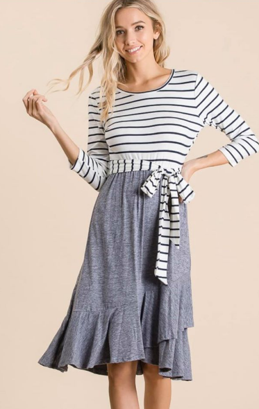 Blue bottom dress with a white striped top