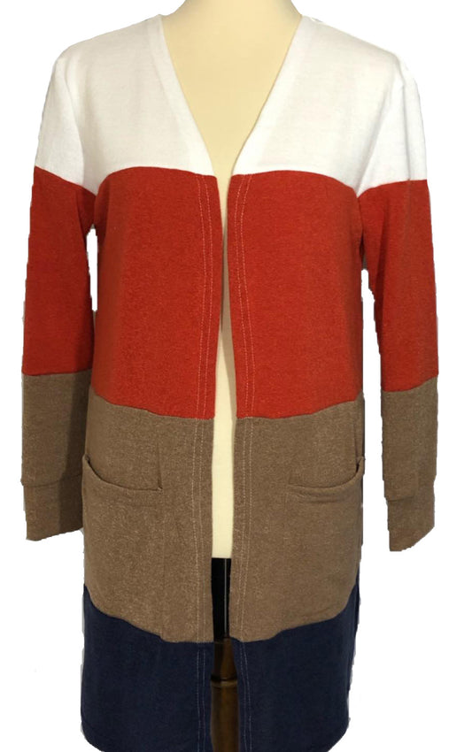 Long Sleeve Color Block Cardigan with Pockets