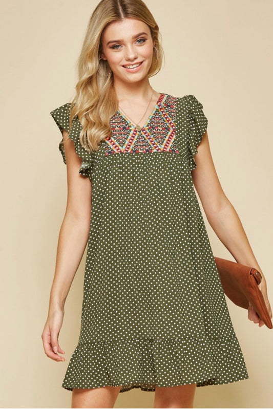 Olive Green Embroidered Dress *Only Small Left*
