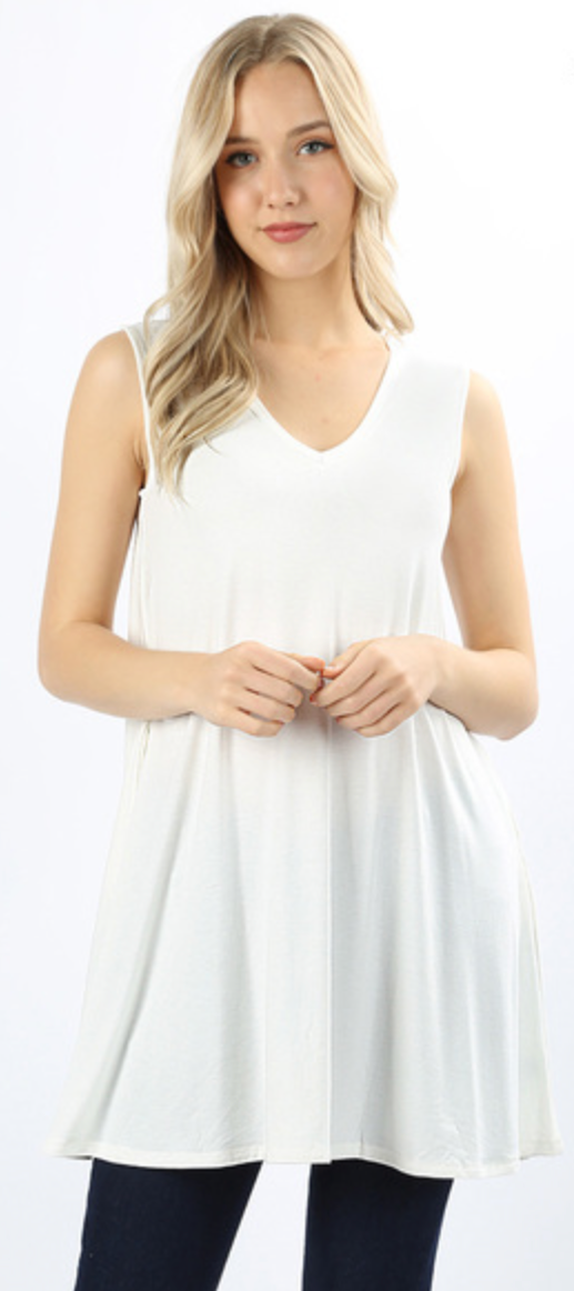 White Sleeveless V-Neck Tunic