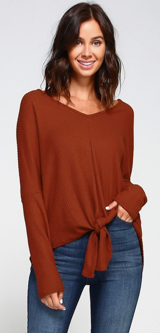 Brushed Waffle Knit Sweater - Rust