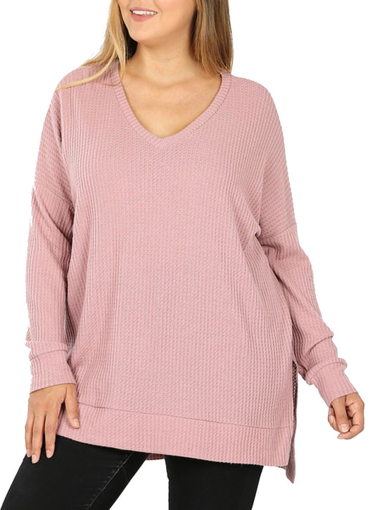 V-Neck Waffle Knit Sweater - Light Rose