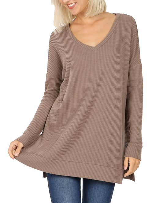 V-Neck Waffle Knit Sweater - Mocha