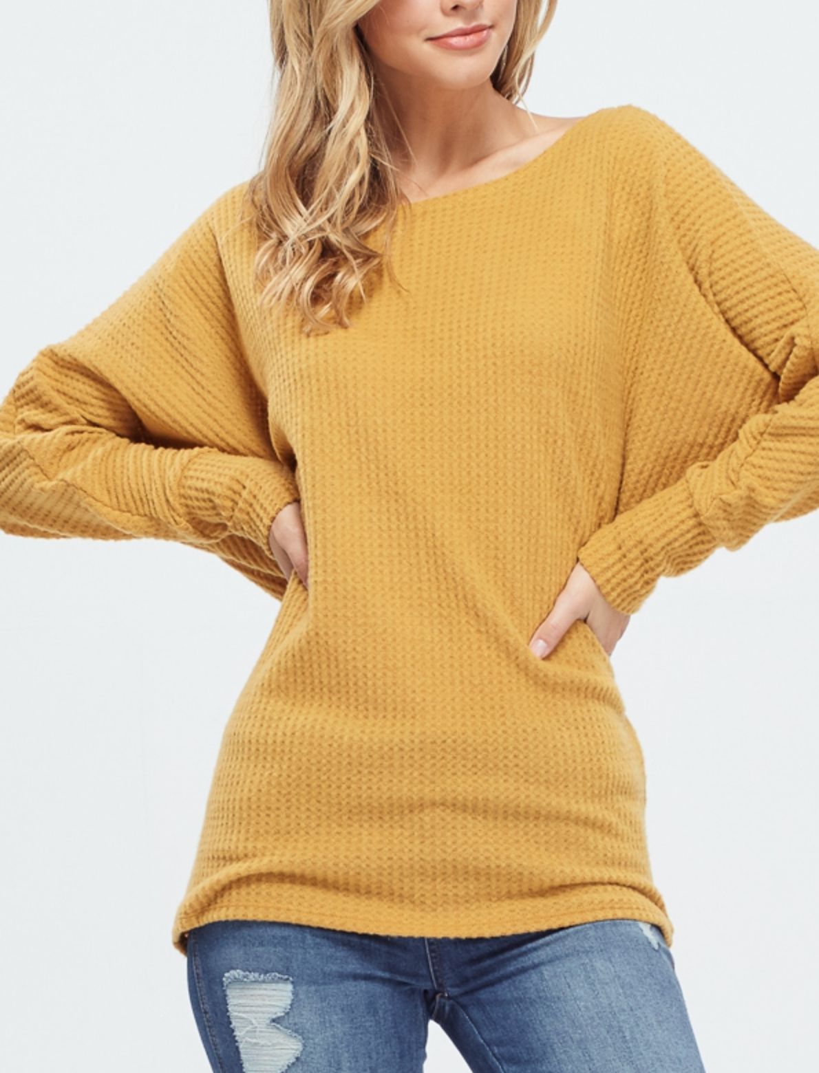 Dolman Sleeve Waffle Knit Sweater -  Mustard