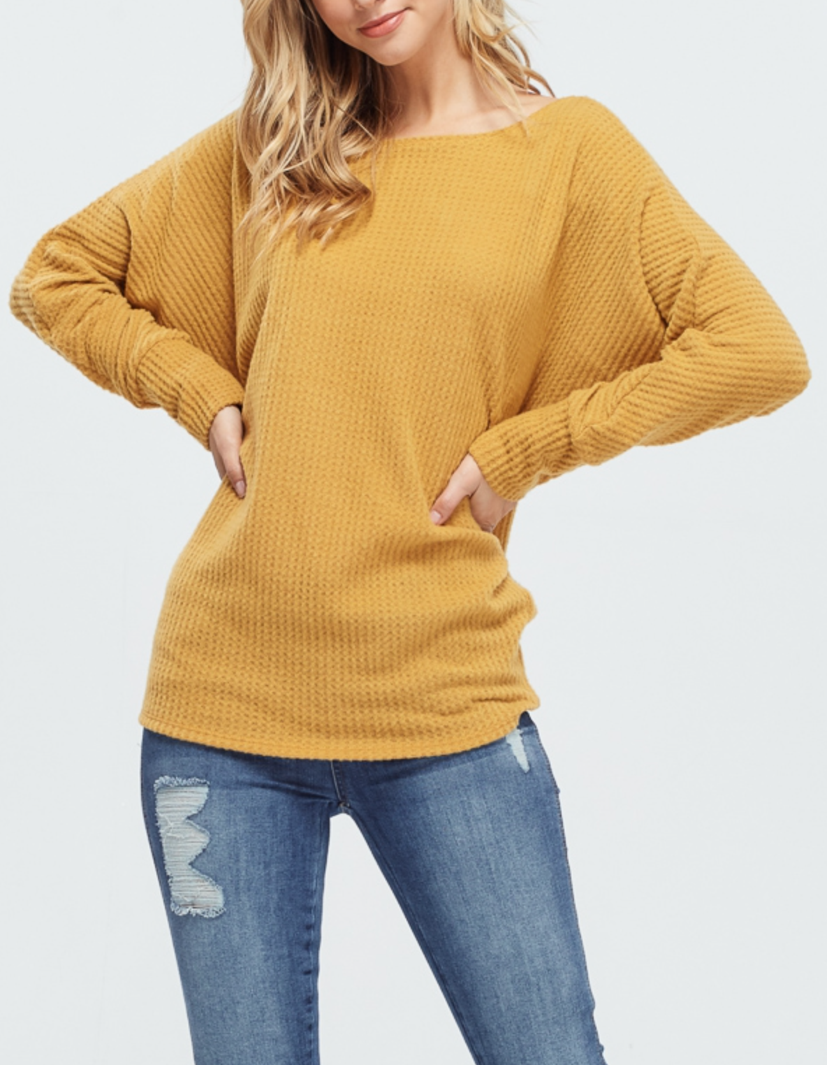 Dolman Sleeve Waffle Knit Sweater -  Mustard