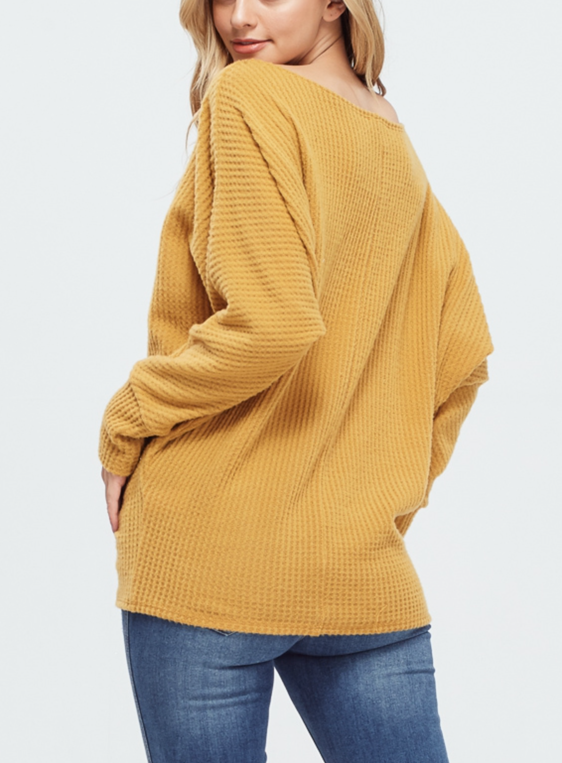 Dolman Sleeve Waffle Knit Sweater -  Mustard