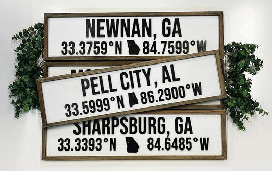 City, State and Coordinates Sign