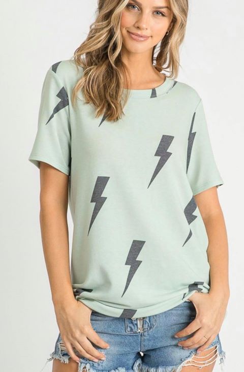 model with jean shorts frayed ends lightning bolt on a teal top